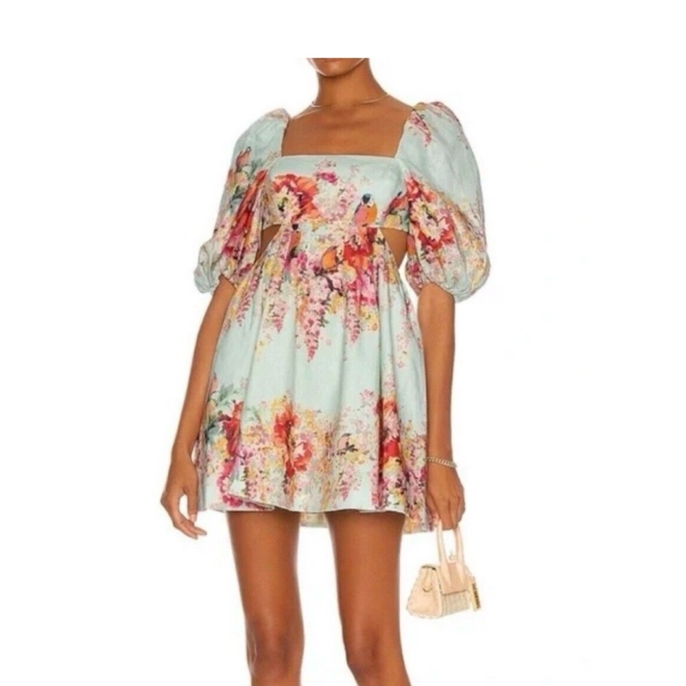 Zimmermann Mint Floral Puff-Sleeve Cut Out Mae Mini Dress Sz 1 AU - Picture 7 of 15